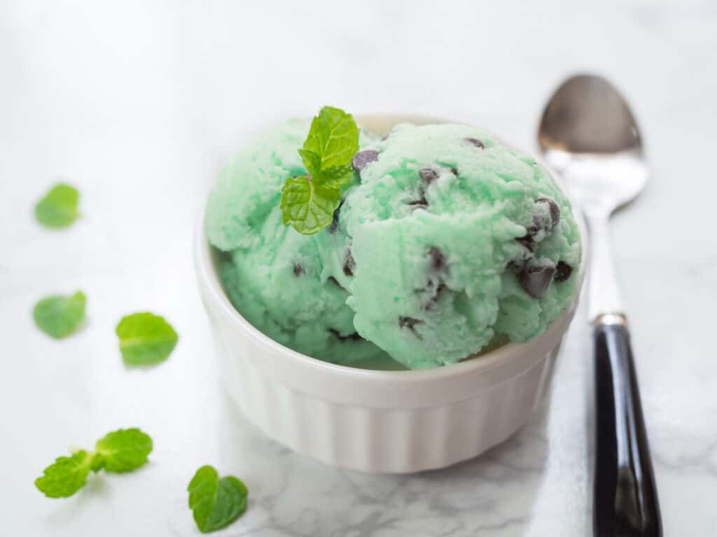 Mint ice cream in a bowl surrounded with mint leaves.