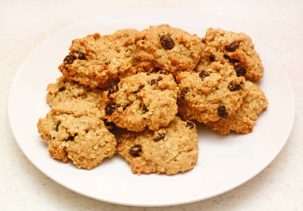 Sweet Oat Raisin Cookie Plate of healthy oatmeal raisin cookies fresh from the oven