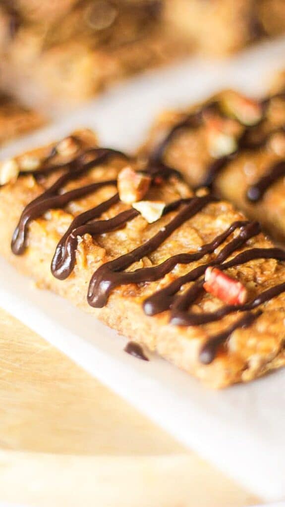 A baked oatmeal bar sprinkled with yummy chocolate. 