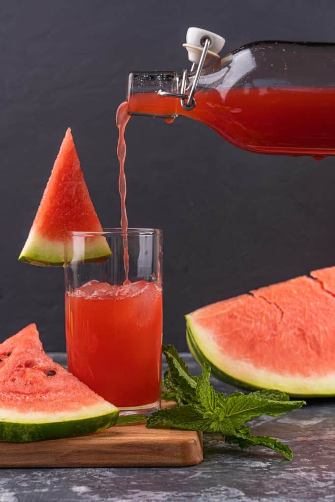Watermelon juice poured in a cup.