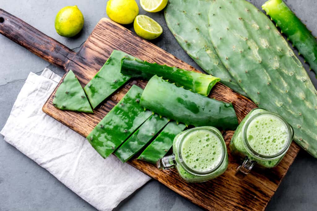 From a top view and on a grey background, pieces of aloe Vera and lemon are put close to each other. Near them , there is a wooden board which has two small jars of Aloe Vera  juice.