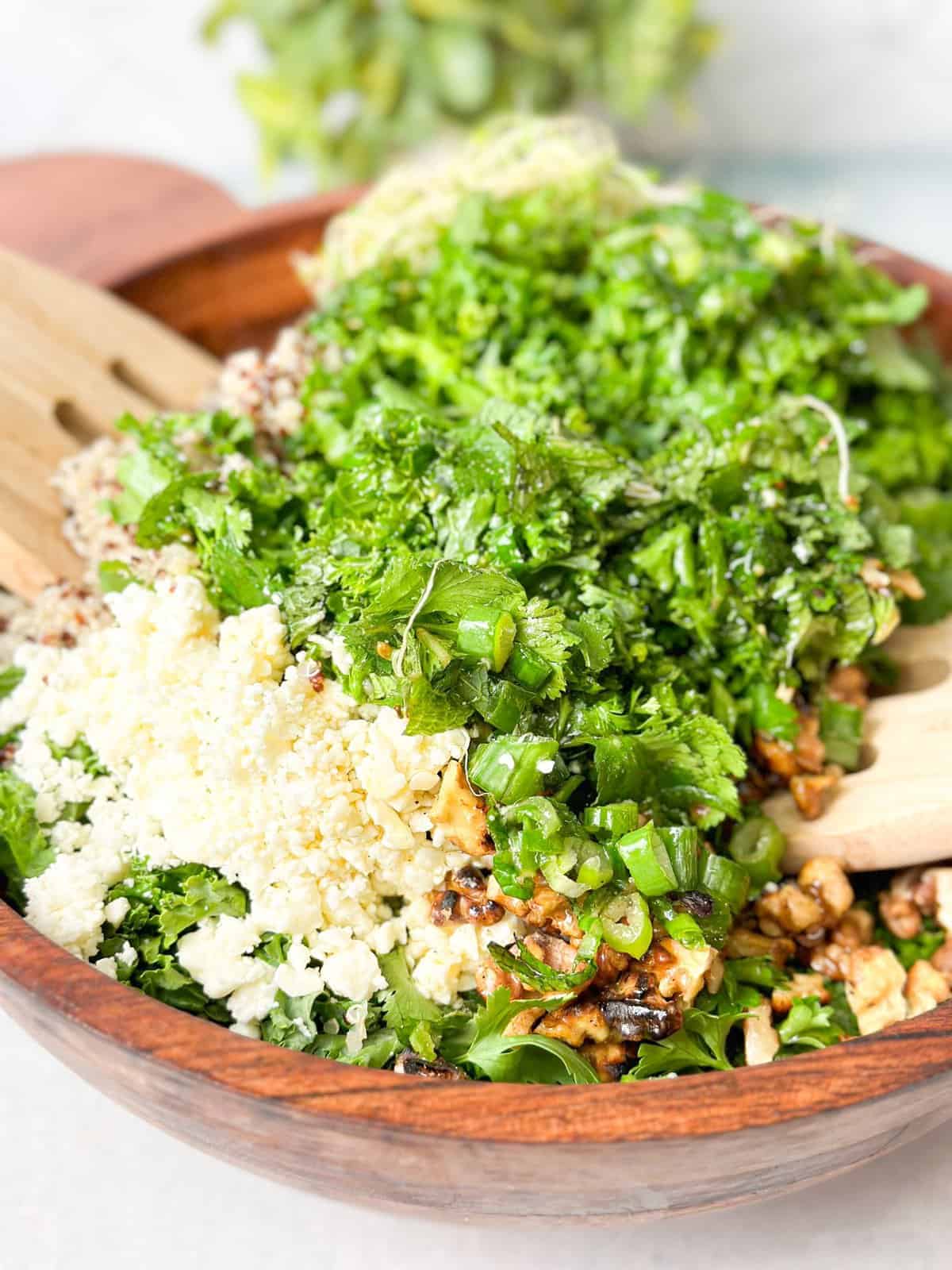 homemade Kale Salad with Apple Cider Vinaigrette with excellent additions of brown quinoa, feta cheese, and nuts