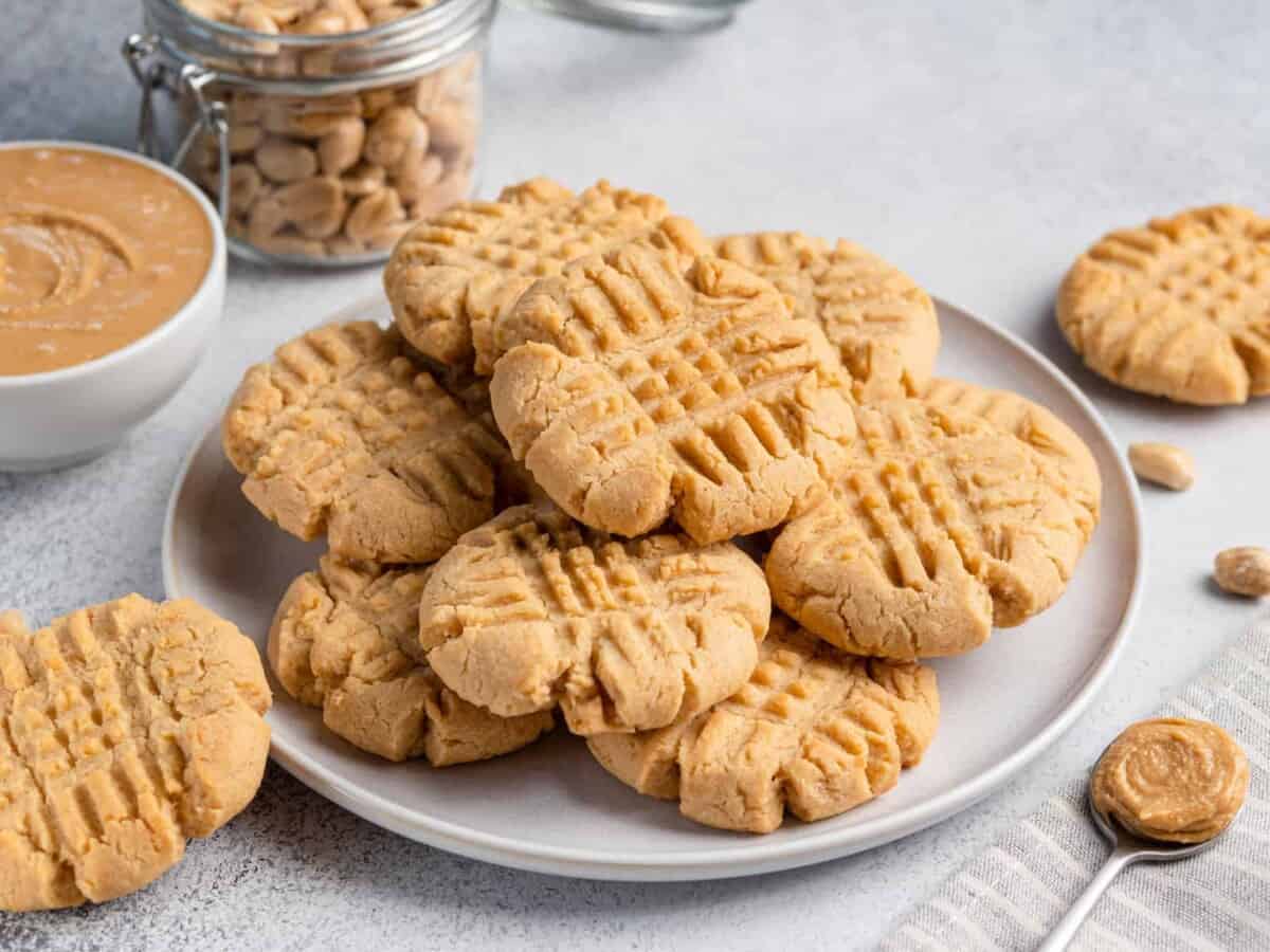 Traditional American biscuits made of peanut butter. Criss cross pattern cookie. Crunchy and chewy dessert.