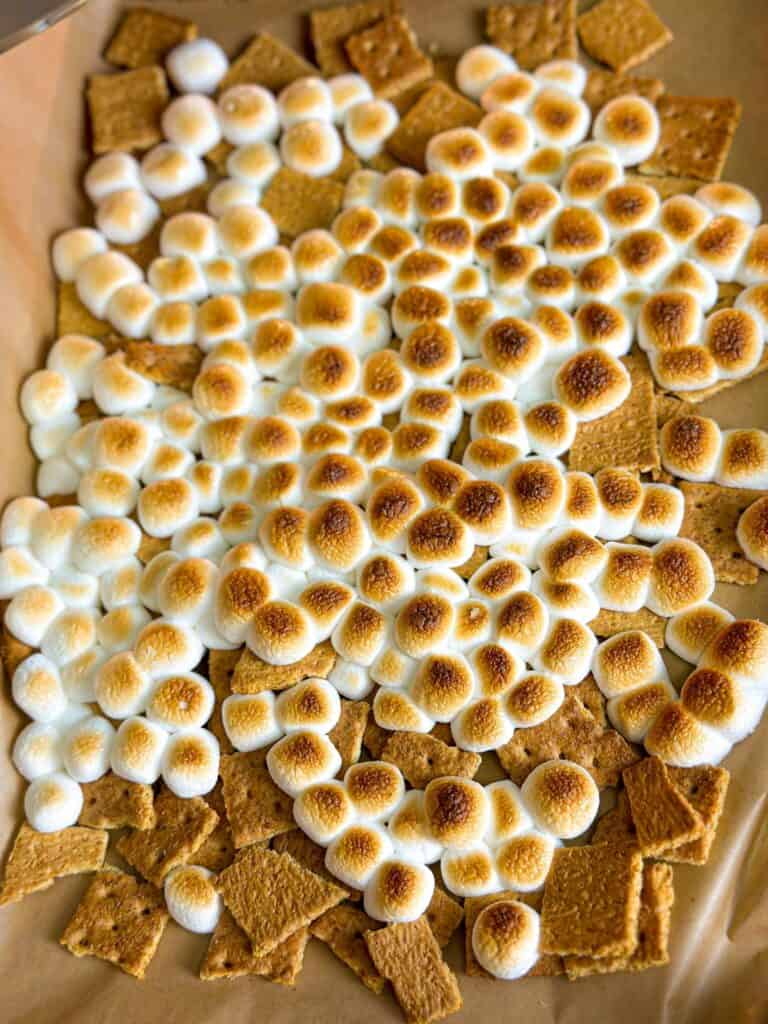 a pan of oven baked graham crackers and mini marshmallows