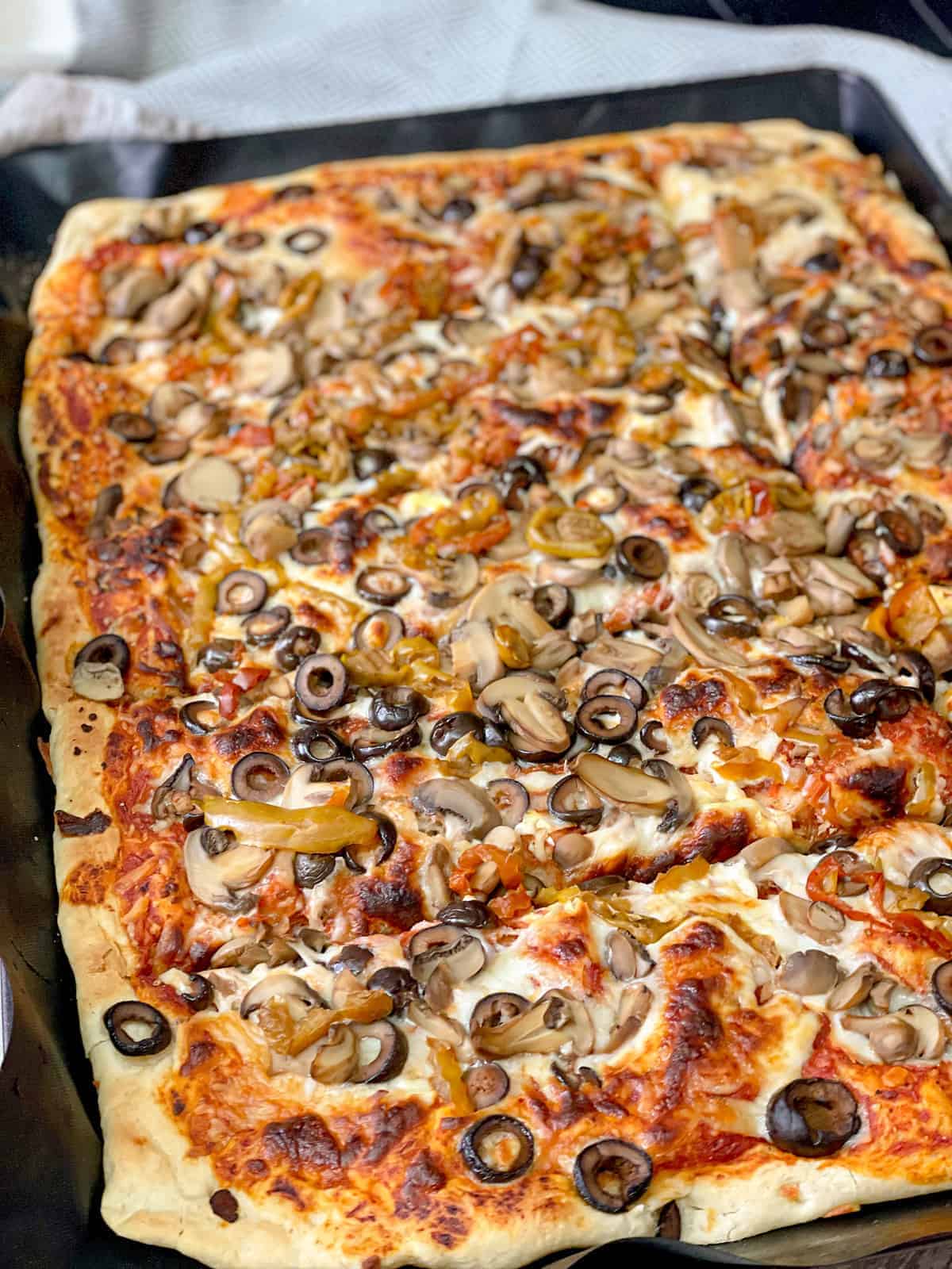 A baked pizza dough topped with melted mozzarella cheese, black olives, mushrooms, pasta sauce and oregano.