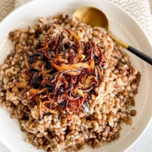 A white bowl filled with a mix of lentils and rice topped with caramelized onions.