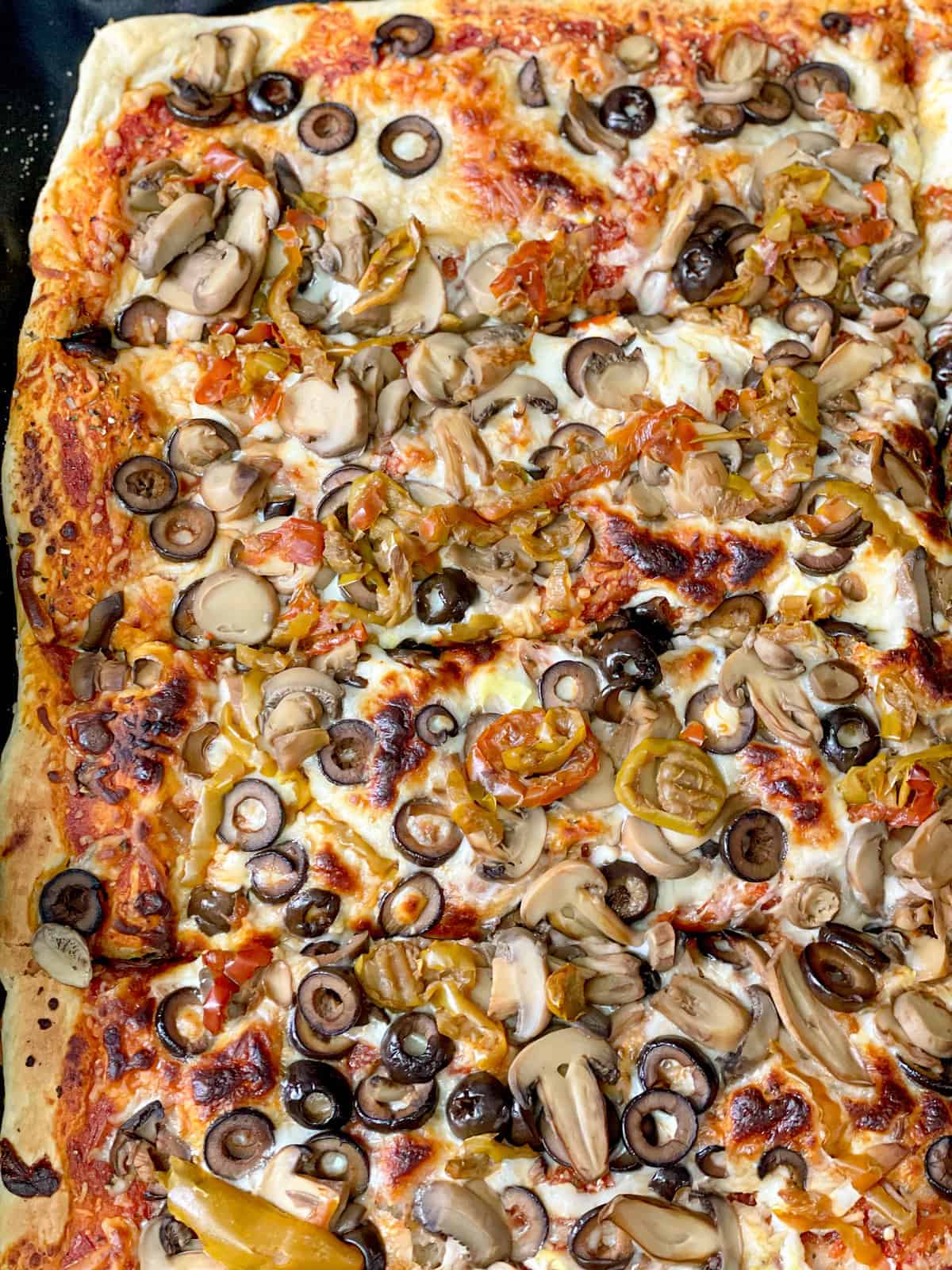 A baked pizza dough topped with melted mozzarella cheese, black olives, mushrooms, pasta sauce and oregano.