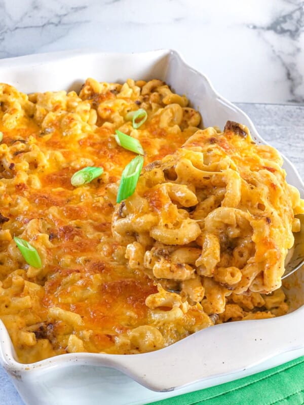 Taco mac and cheese made with elbow pasta, cheese, and taco seasoned ground meat