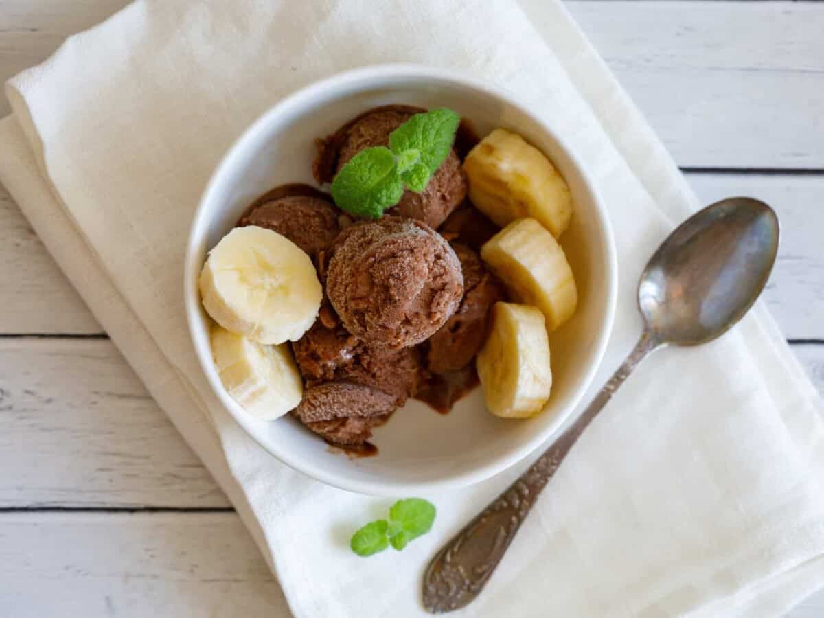 a top view of vegan banana and chocolate ice cream: dairy-free, gluten-free