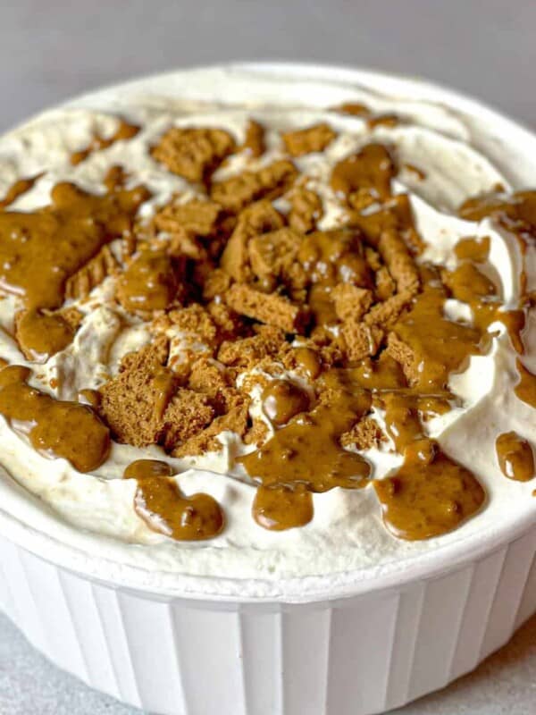 A bowl of Biscoff ice cream with chunks of Biscoff cookies on top.