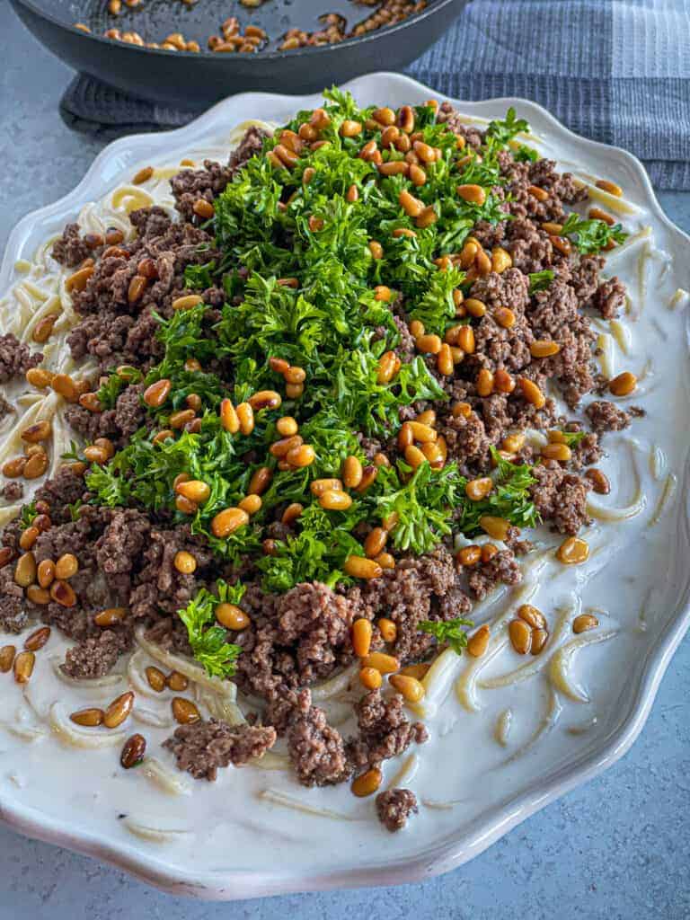 Yogurt-infused pasta: juicy beef  atop perfectly cooked pasta, enveloped in a creamy yogurt sauce, finished with a sprinkle of fragrant herbs for an irresistible combination.