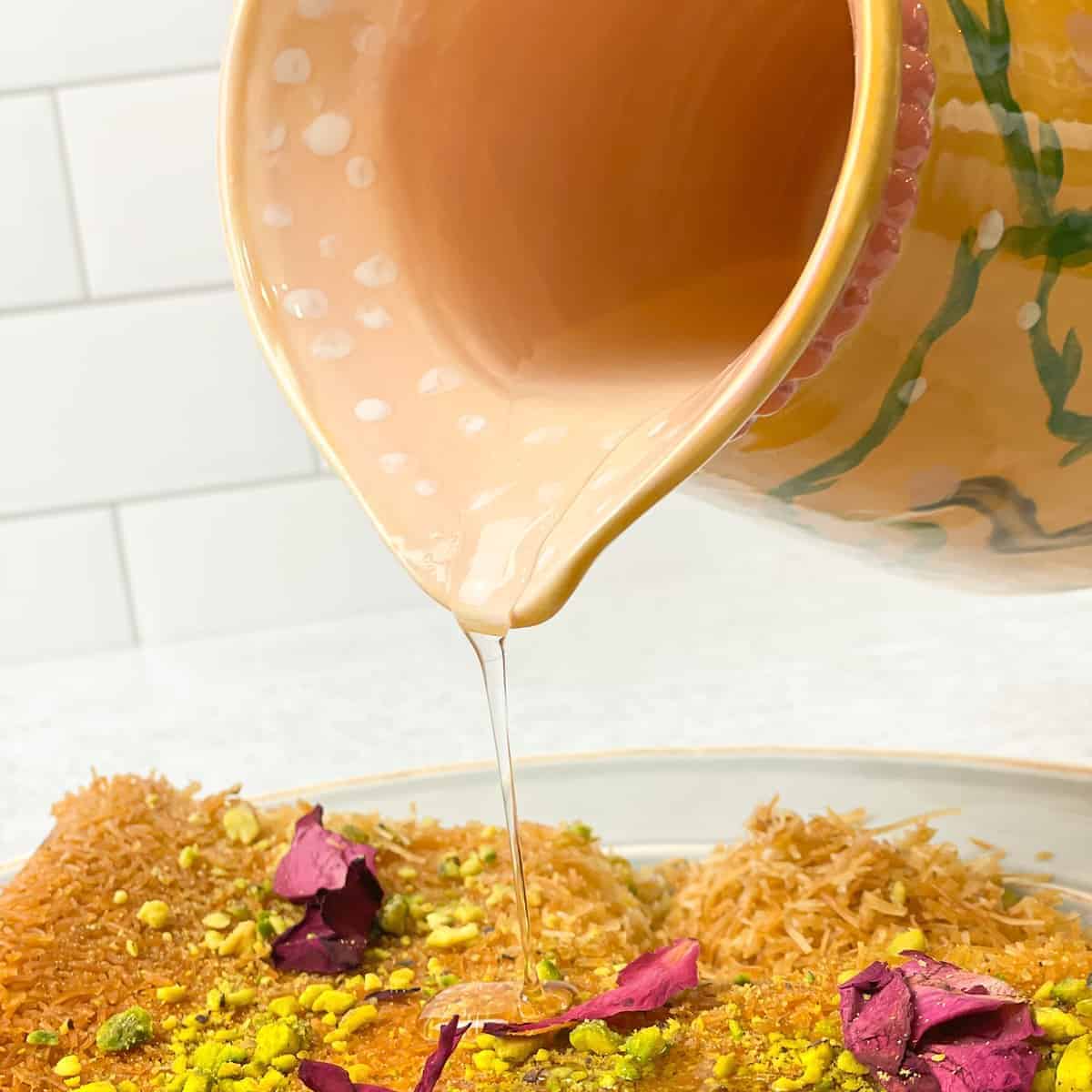 Atir which is also known as blossom and rose water syrup is used on many middle eastern desserts like kanafa, kunafa, chanafa, atayif, halawit el jibn, atayef, qatayif, 