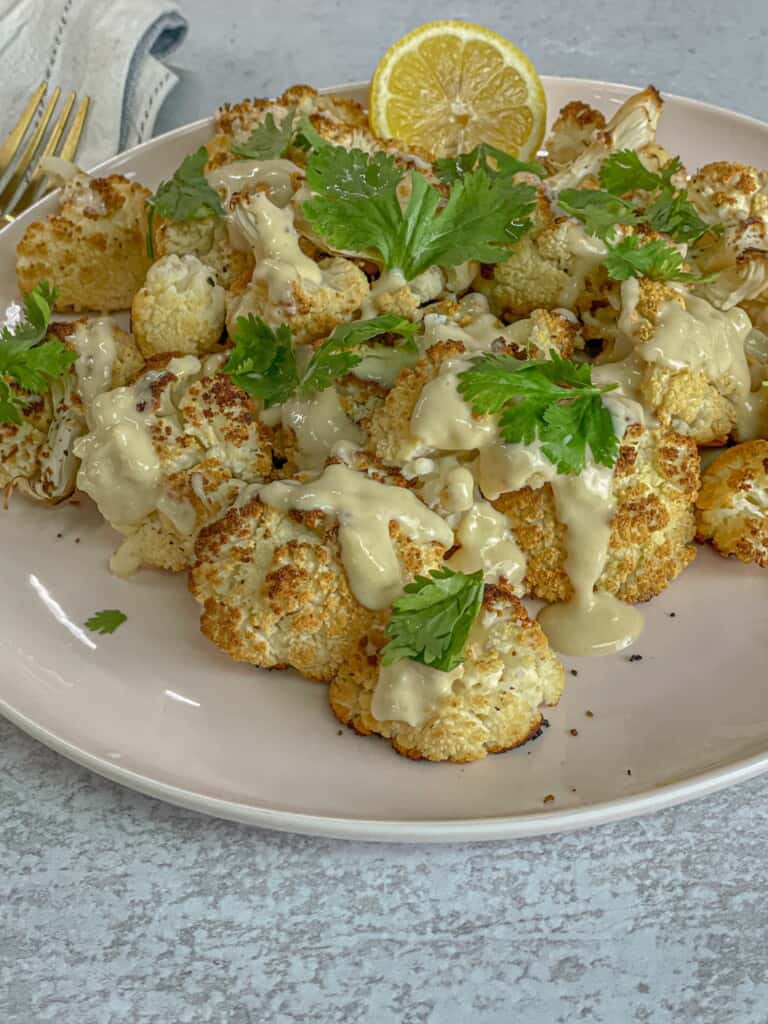 TasteGreatFoodie - Spicy Roasted Cauliflower with Tahini Dressing - Vegan