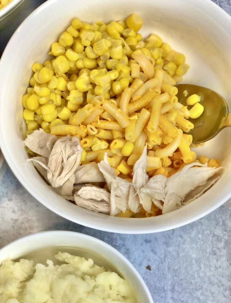 A mix of turkey and mac and sweetcorn ready to make a satisfying sandwich.