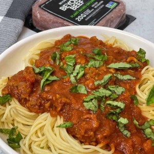 This Beyond Meat® plant-based non-GMO ground beef meat substitute is perfect for this easy Vegan Spaghetti Bolognese recipe!