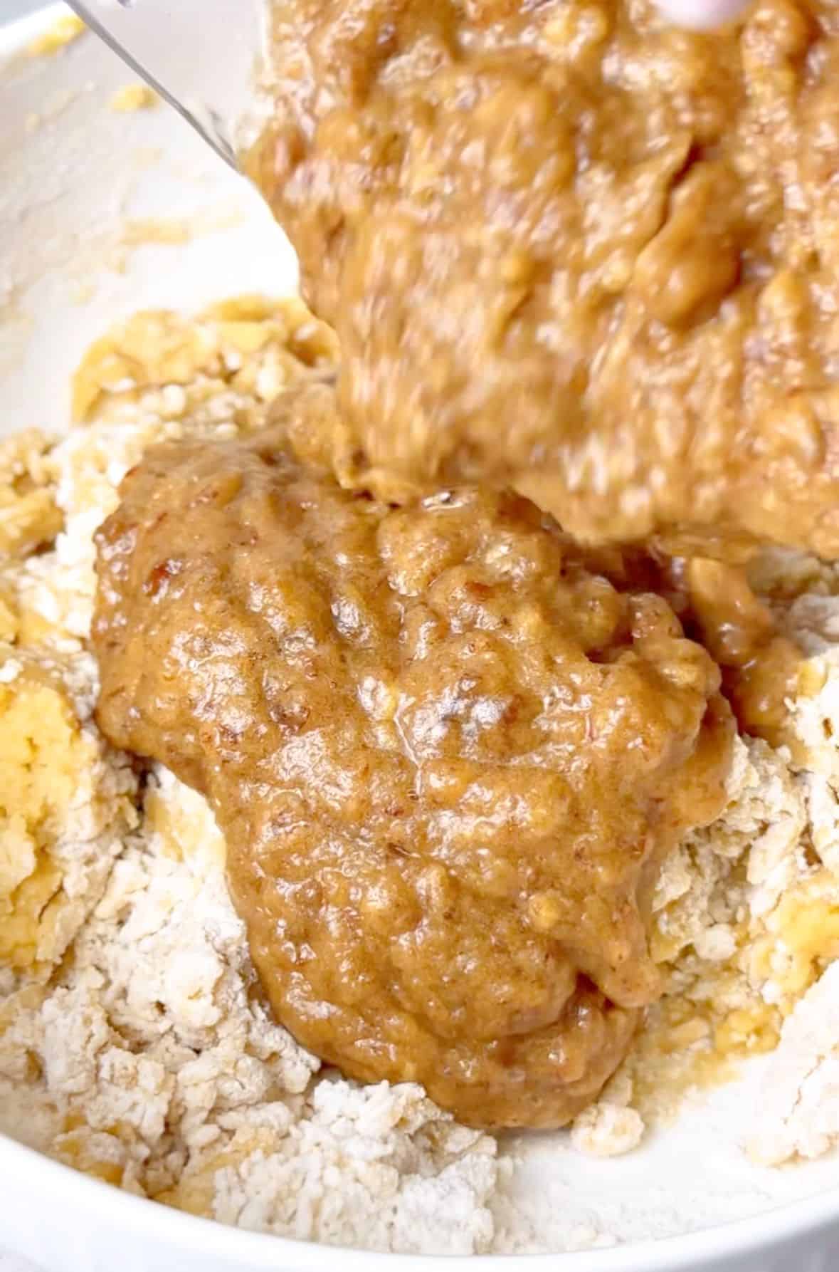 the pittied dates mixture added to the flour mixture