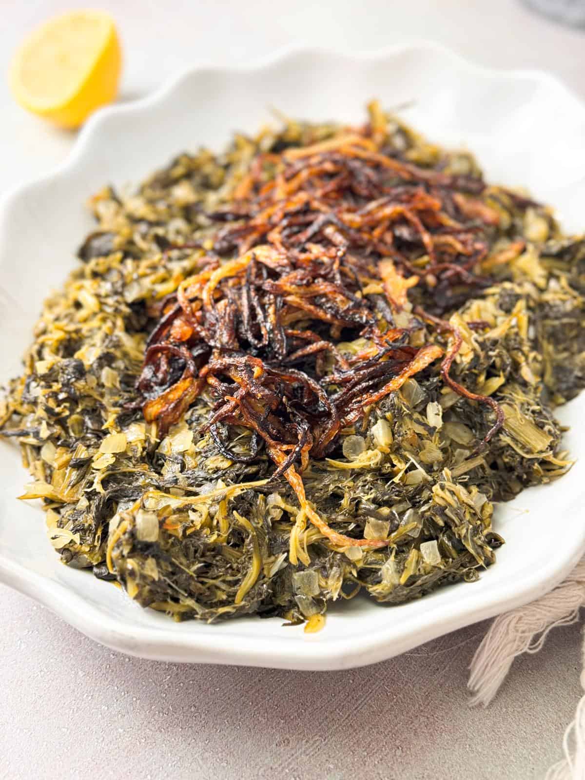 Healthy and delicious dandelion greens salad, a classic Lebanese dish with bright citrus and rich olive oil flavors.