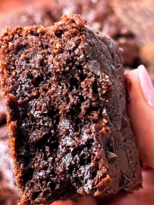 A woman holding a fudgy gluten-free brownie with melted chocolate chips in her hands.