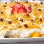 no-bake fresh fruit cake with ashta cream served in a pan