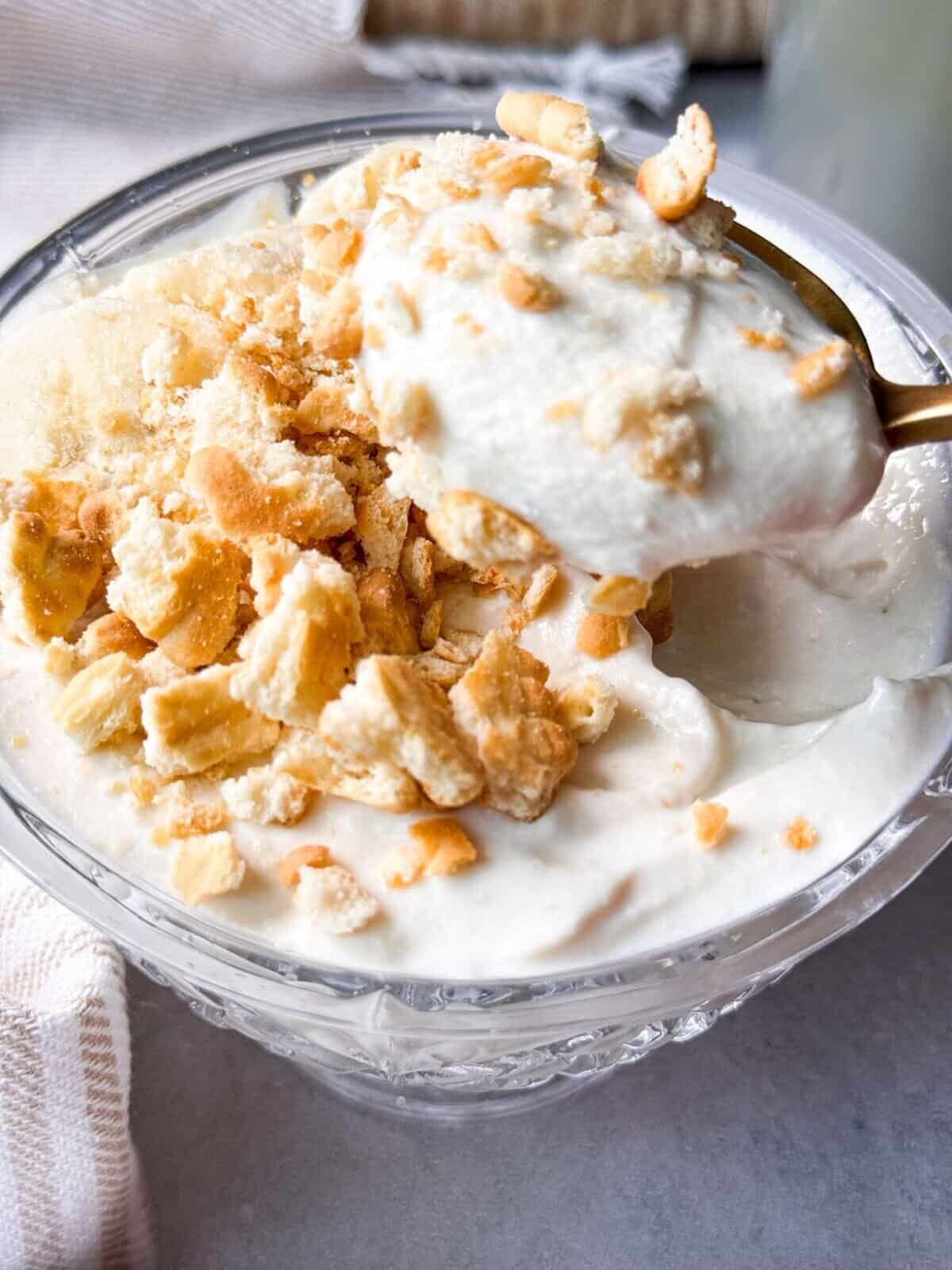 Banana Cottage Cheese Pudding banana cottage cheese pudding topped with biscuit pieces served in a crystal glass serving cup with a spoonful hovering above it