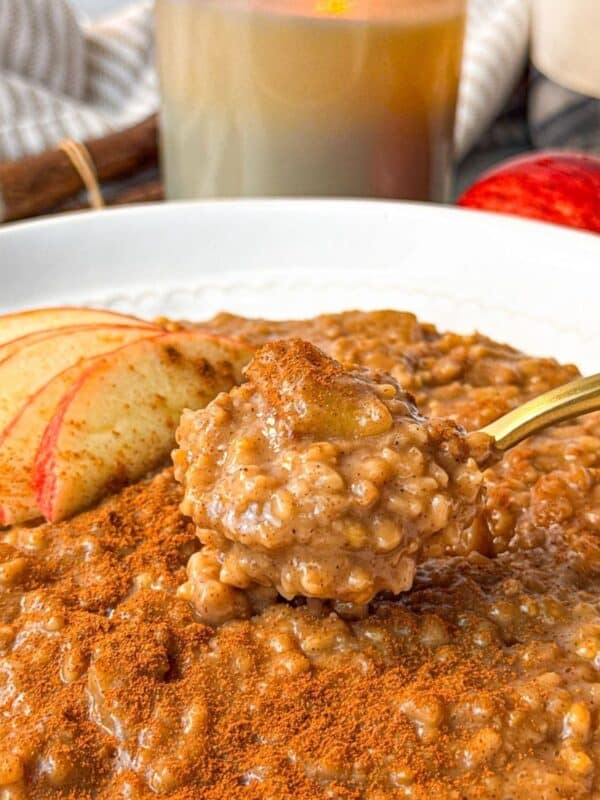 Close-up of apple cinnamon steel cut oats in a bowl, topped with apple slices and cinnamon, with a spoonful lifted.