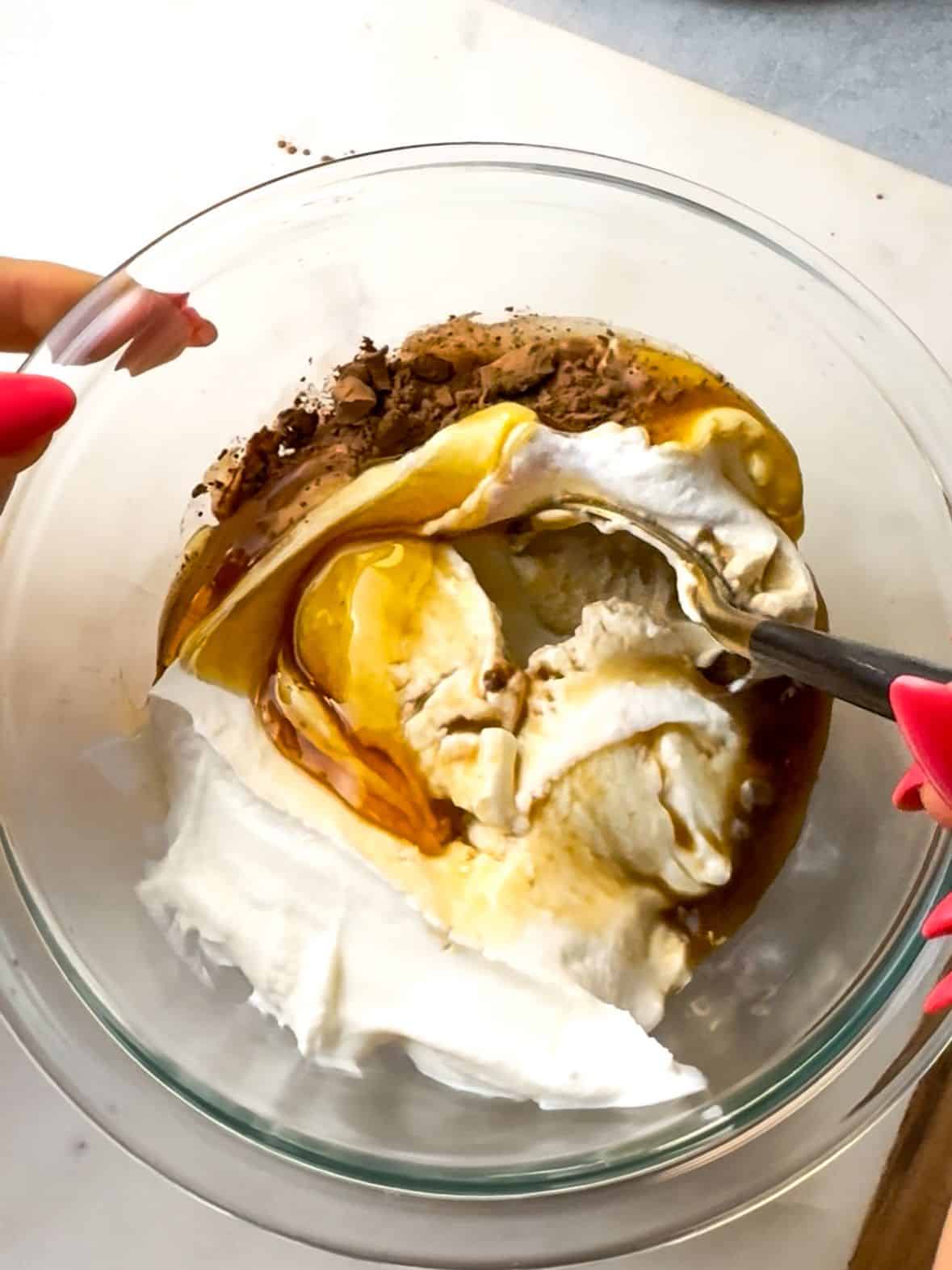 How To Prepare Mocha Chia Pudding Cake In a glass bowl, mix Greek yogurt, cacao powder, brewed coffee, vanilla extract, and honey until smooth and creamy