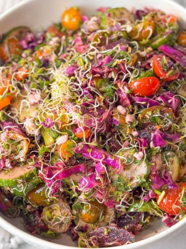 close-up of Mediterranean-style cucumber tomato feta salad with red cabbage, parsley, and sprouts dressed with and homemade vinaigrette dressing