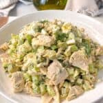 Healthy no-pasta tuna salad with celery, dill pickles, and lemon juice