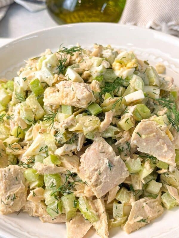Healthy no-pasta tuna salad with celery, dill pickles, and lemon juice
