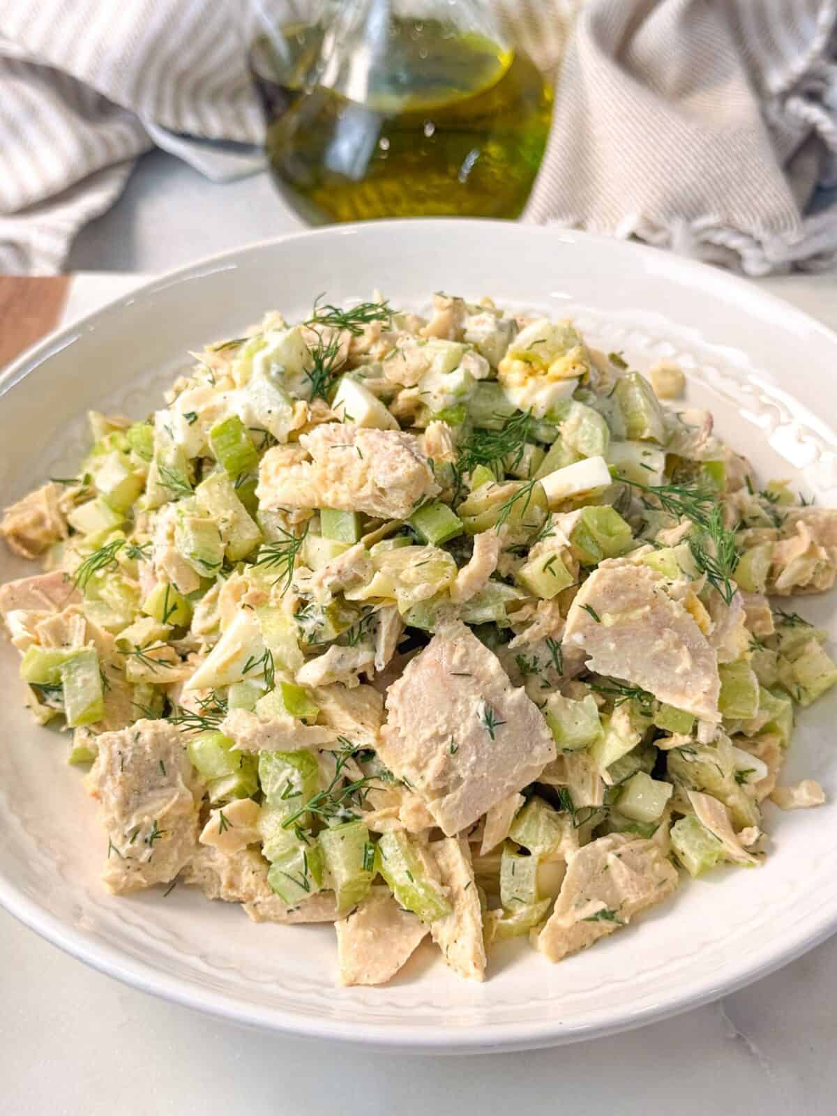 Healthy no-pasta tuna salad with celery, dill pickles, and lemon juice