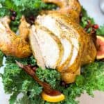 close-up shot of a juicy roasted turkey with breast slices carved, served on a bed of fresh kale, cranberries, and orange slices