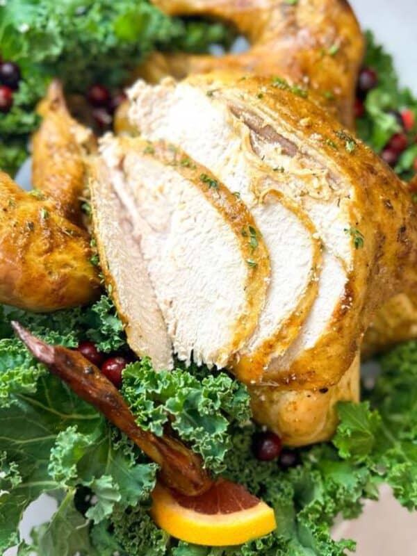 close-up shot of a juicy roasted turkey with breast slices carved, served on a bed of fresh kale, cranberries, and orange slices