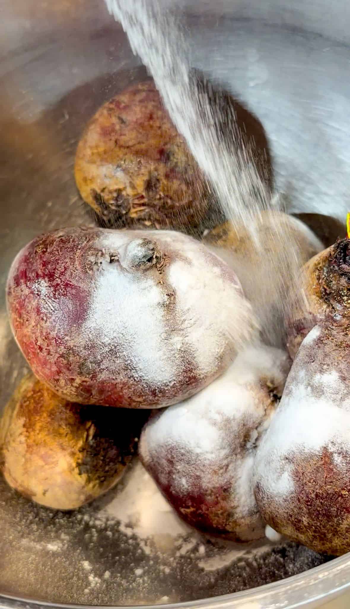 Steps to Roast Beets in Oven Sprinkle baking soda over the top of raw beets.
