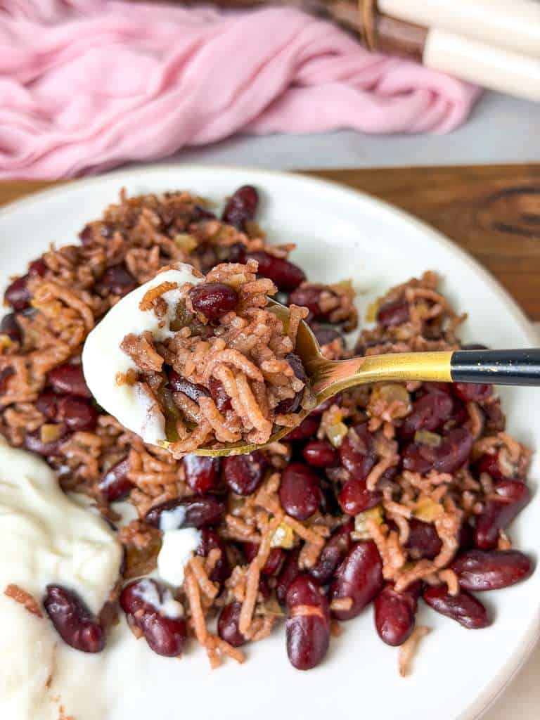 Lubya Hamra Spoonful of lubya hamra (Lebanese red beans and rice) with creamy yogurt on the side