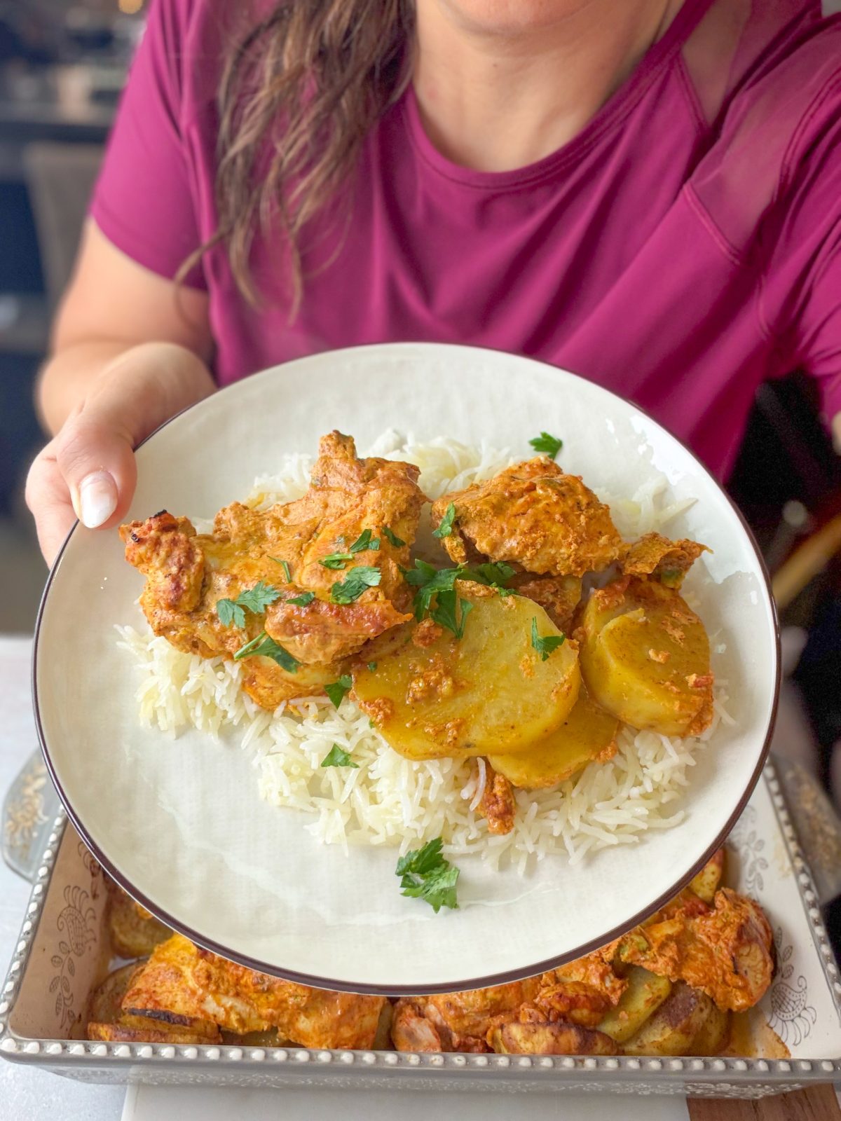 Sheet Pan Tikka Masala chicken and potatoes with rice